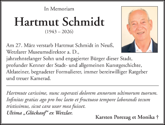 Traueranzeige von Hartmut Schmidt von Wetzlarer Neue Zeitung