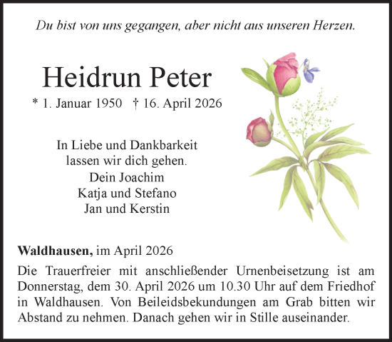 Traueranzeige von Heidrun Peter von Weilburger Tageblatt