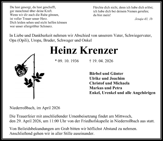 Traueranzeige von Heinz Krenzer von Dill Block
