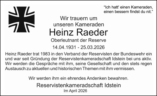 Traueranzeige von Heinz Raeder von Rheingau-Taunus-Kreis Wochenblatt