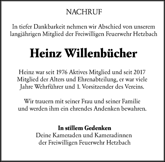 Traueranzeige von Heinz Willenbücher von Odenwälder Echo