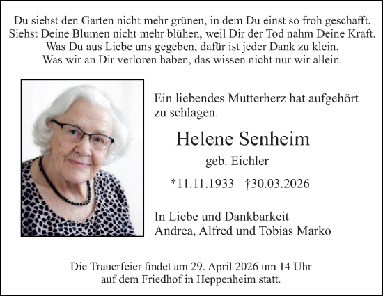 Traueranzeige von Helene Senheim von Starkenburger Echo