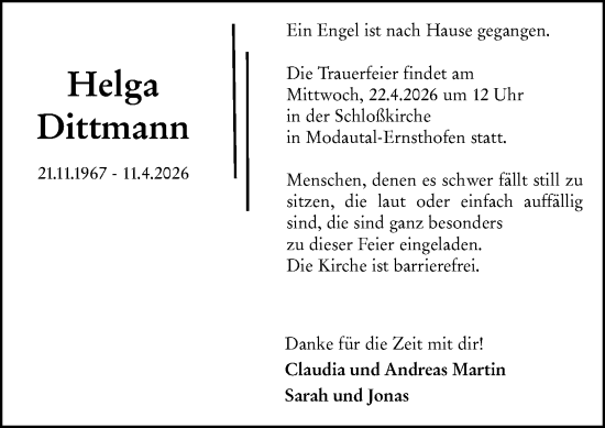 Traueranzeige von Helga Dittmann von Darmstädter Echo
