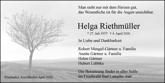 Traueranzeige von Helga Riethmüller von Weilburger Tageblatt
