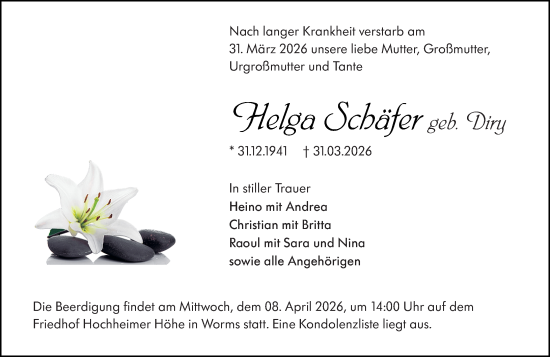 Traueranzeige von Helga Schäfer von Wormser Zeitung