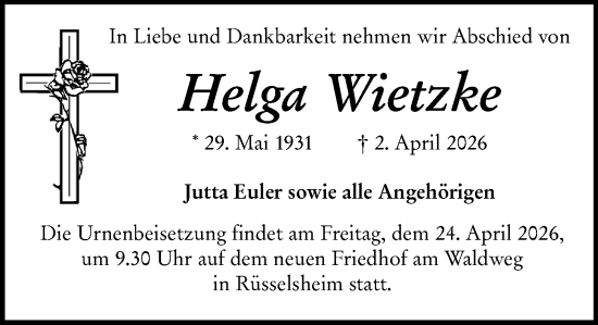 Traueranzeige von Helga Wietzke von Rüsselsheimer Echo