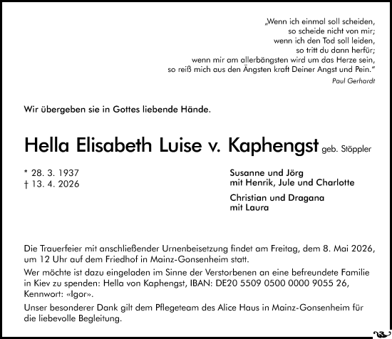 Traueranzeige von Hella Elisabeth Luise v. Kaphengst von Allgemeine Zeitung Mainz