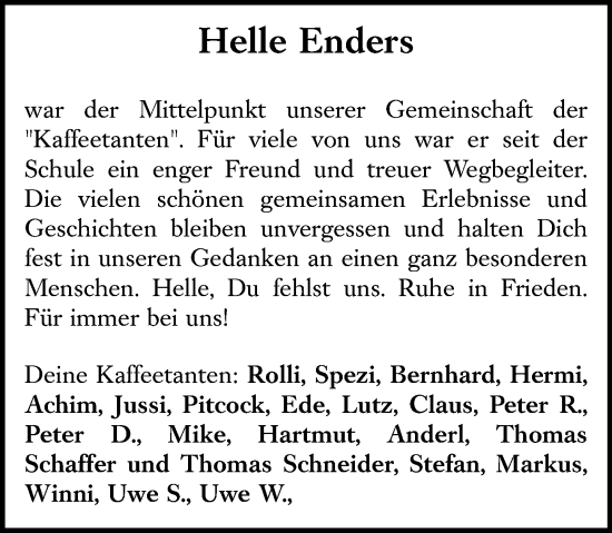 Traueranzeige von Helle Enders von Dieburger Anzeiger/Groß-Zimmerner Lokal-Anzeiger