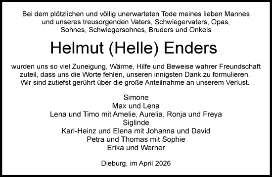 Traueranzeige von Helmut Enders von Dieburger Anzeiger/Groß-Zimmerner Lokal-Anzeiger
