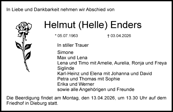 Traueranzeige von Helmut Enders von Dieburger Anzeiger/Groß-Zimmerner Lokal-Anzeiger