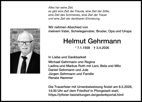 Traueranzeige von Helmut Gehrmann von Darmstädter Echo