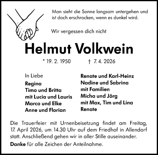 Traueranzeige von Helmut Volkwein von Wetzlarer Neue Zeitung