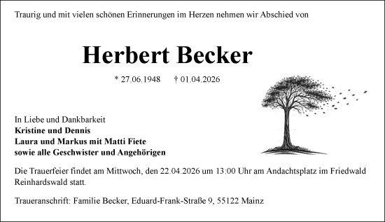 Traueranzeige von Herbert Becker von Allgemeine Zeitung Mainz