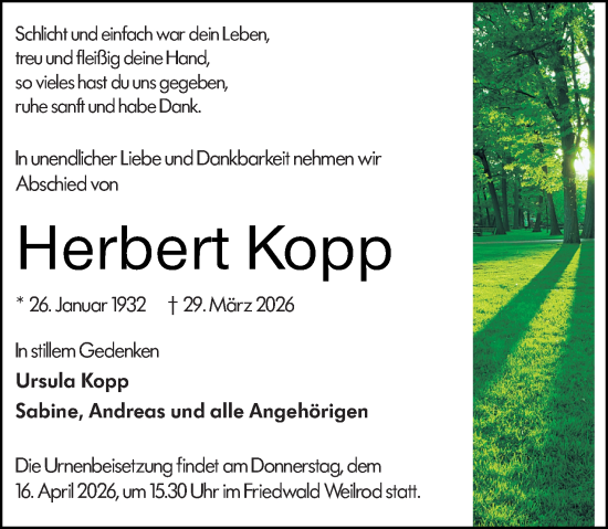 Traueranzeige von Herbert Kopp von Camberger Anzeiger