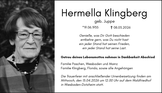 Traueranzeige von Hermella Klingberg von Wiesbadener Kurier