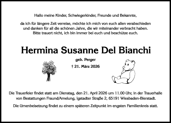 Traueranzeige von Hermina Susanne Del Bianchi von Wiesbadener Kurier