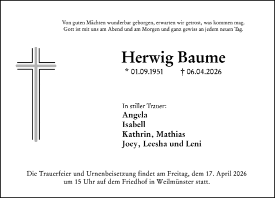 Traueranzeige von Herwig Baume von Weilburger Tageblatt
