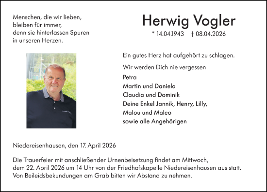 Traueranzeige von Herwig Vogler von Hinterländer Anzeiger