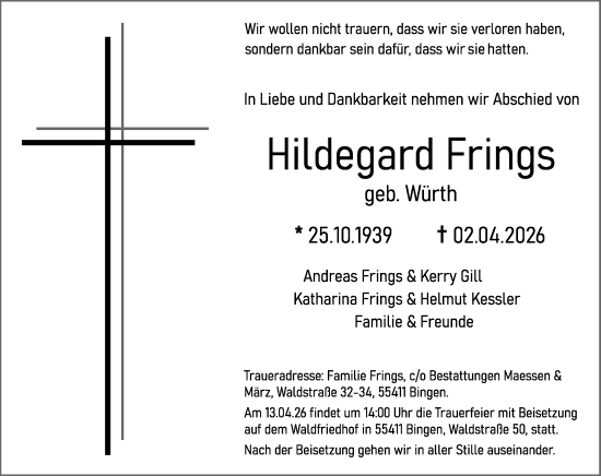 Traueranzeige von Hildegard Frings von Allgemeine Zeitung Rheinhessen-Nahe