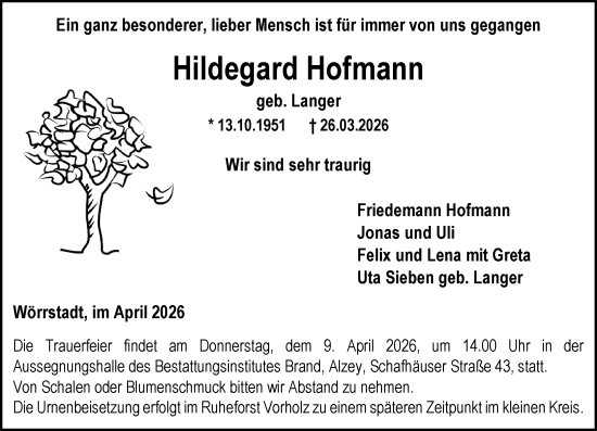 Traueranzeige von Hildegard Hofmann von Allgemeine Zeitung Alzey