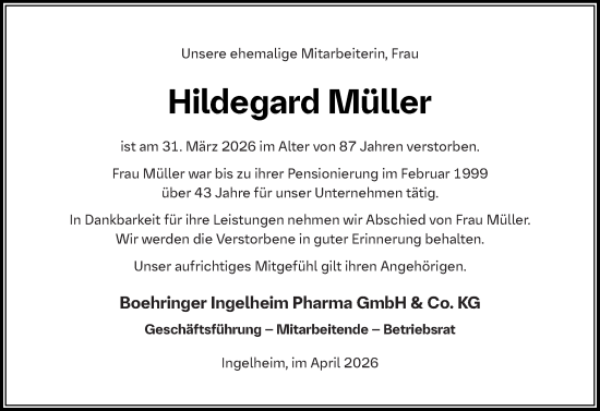 Traueranzeige von Hildegard Müller von Allgemeine Zeitung Rheinhessen-Nahe