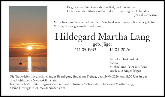Traueranzeige von Hildegard Martha Lang von Allgemeine Zeitung Mainz