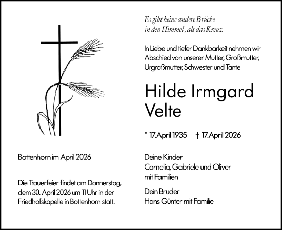 Traueranzeige von Hilde Irmgard Velte von Hinterländer Anzeiger