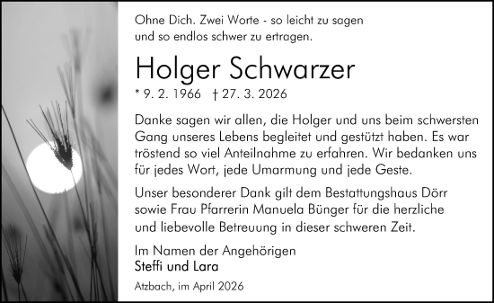 Traueranzeige von Holger Schwarzer von Wetzlarer Neue Zeitung