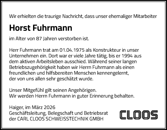 Traueranzeige von Horst Fuhrmann von Dill Block