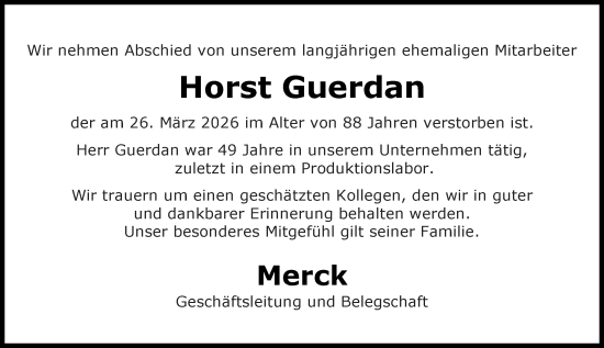 Traueranzeige von Horst Guerdan von Darmstädter Echo