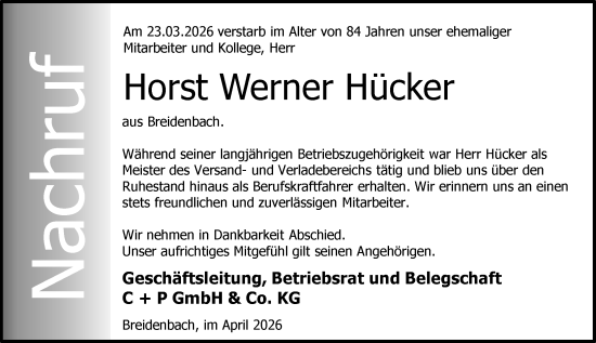 Traueranzeige von Horst Werner Hücker von Hinterländer Anzeiger