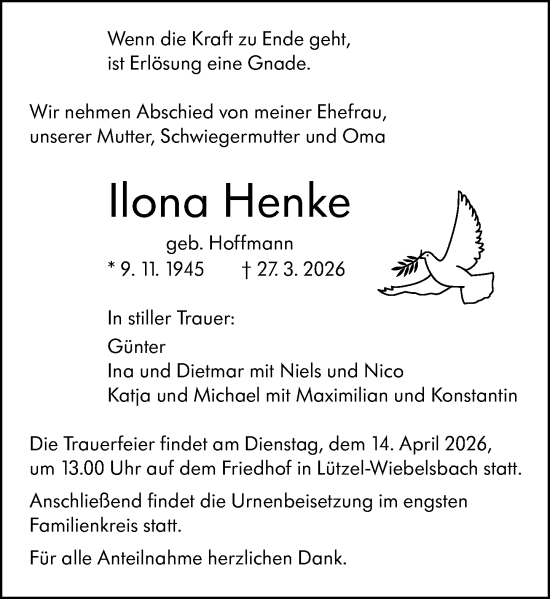 Traueranzeige von Ilona Henke von Odenwälder Echo