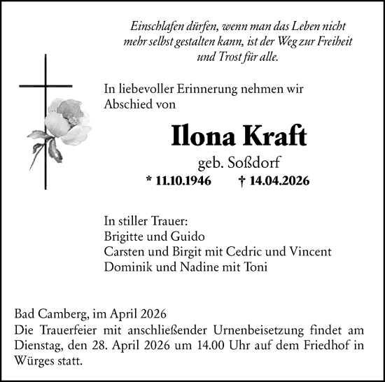 Traueranzeige von Ilona Kraft von Camberger Anzeiger