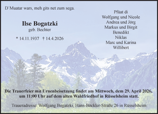 Traueranzeige von Ilse Bogatzki von Rüsselsheimer Echo