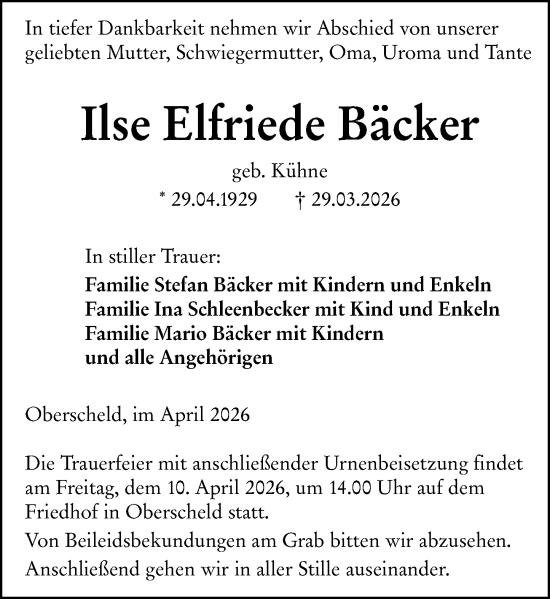 Traueranzeige von Ilse Elfriede Bäcker von Dill Block