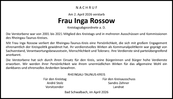 Traueranzeige von Inga Rossow von Idsteiner Land/Untertaunus