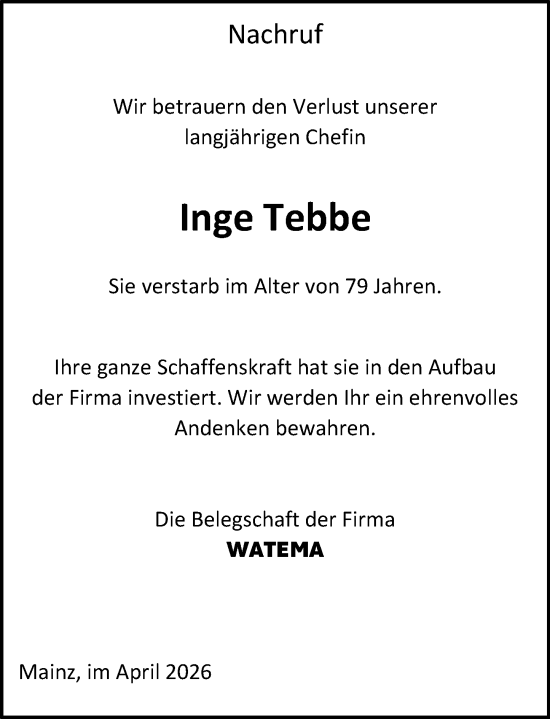 Traueranzeige von Inge Tebbe von Wiesbadener Kurier