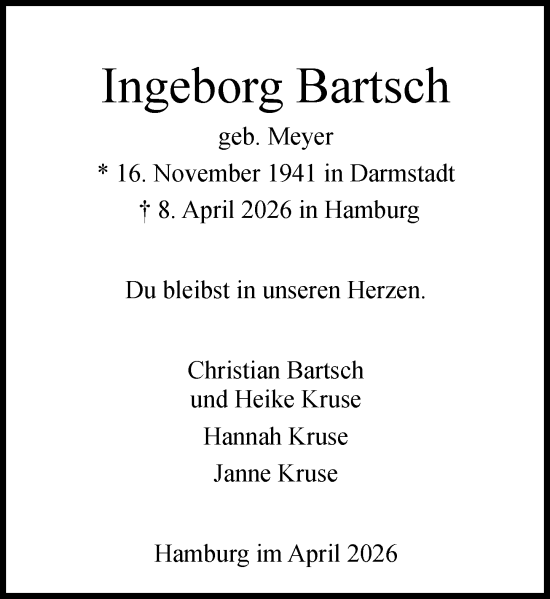 Traueranzeige von Ingeborg Bartsch von Darmstädter Echo