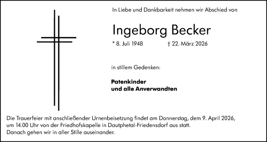 Traueranzeige von Ingeborg Becker von Hinterländer Anzeiger