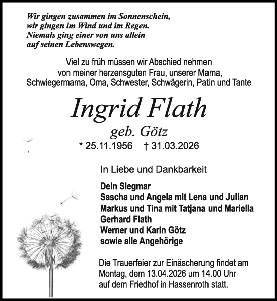 Traueranzeige von Ingrid Flath von Odenwälder Echo