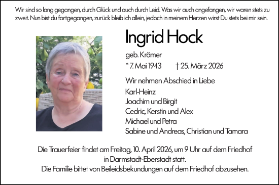 Traueranzeige von Ingrid Hock von Darmstädter Echo