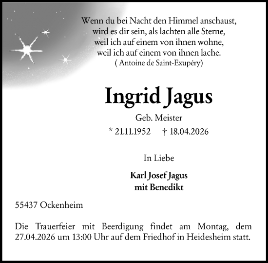 Traueranzeige von Ingrid Jagus von Allgemeine Zeitung Rheinhessen-Nahe