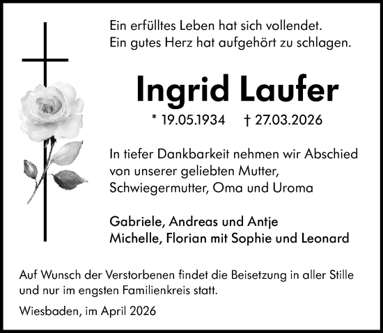 Traueranzeige von Ingrid Laufer von Wiesbadener Kurier
