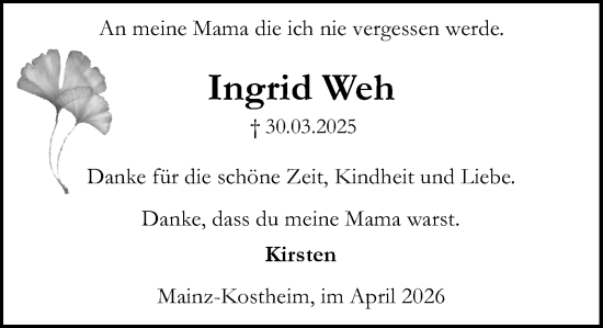 Traueranzeige von Ingrid Weh von Allgemeine Zeitung Mainz