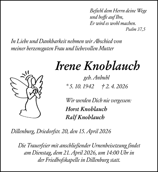 Traueranzeige von Irene Knoblauch von Dill Block