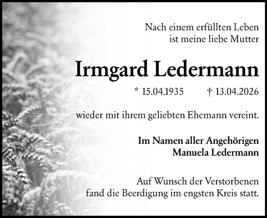 Traueranzeige von Irmgard Ledermann von Wiesbadener Kurier