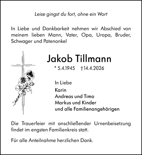 Traueranzeige von Jakob Tillmann von Odenwälder Echo