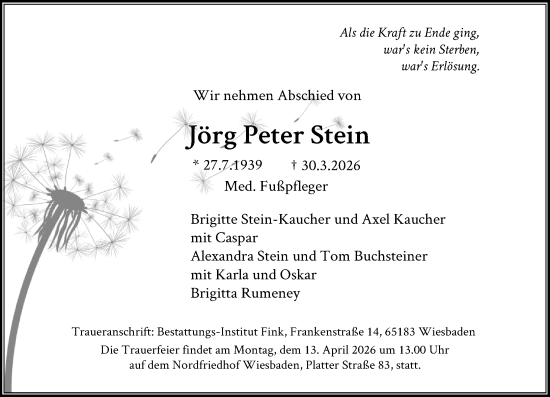 Traueranzeige von Jörg Peter Stein von Wiesbadener Kurier