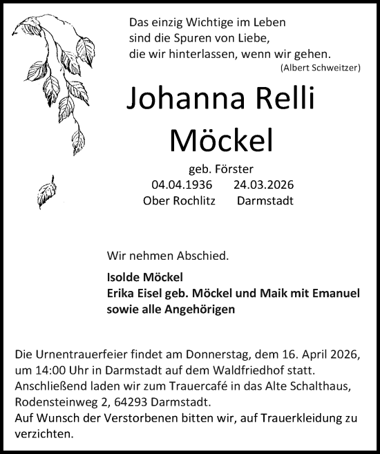 Traueranzeige von Johanna Relli Möckel von Darmstädter Echo