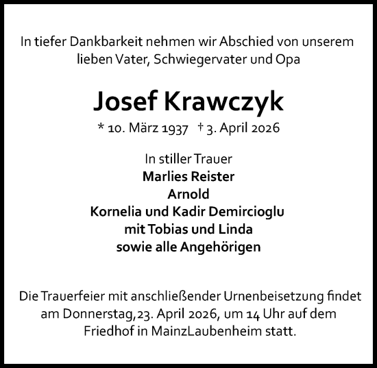 Traueranzeige von Josef Krawczyk von Allgemeine Zeitung Mainz